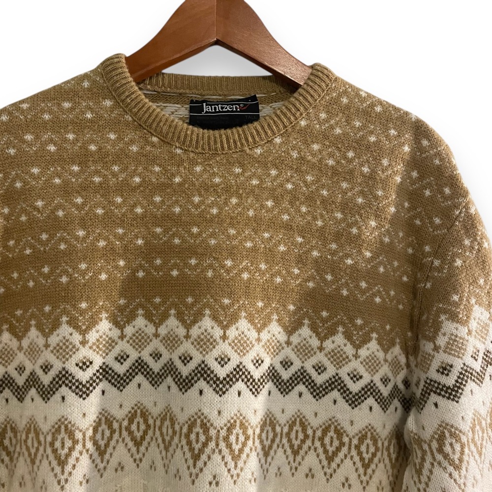 VTG Jantzen Cable Knit Fair Isle Crewneck Sweater Men's Large Tall Beige Grandpa - Picture 3 of 5